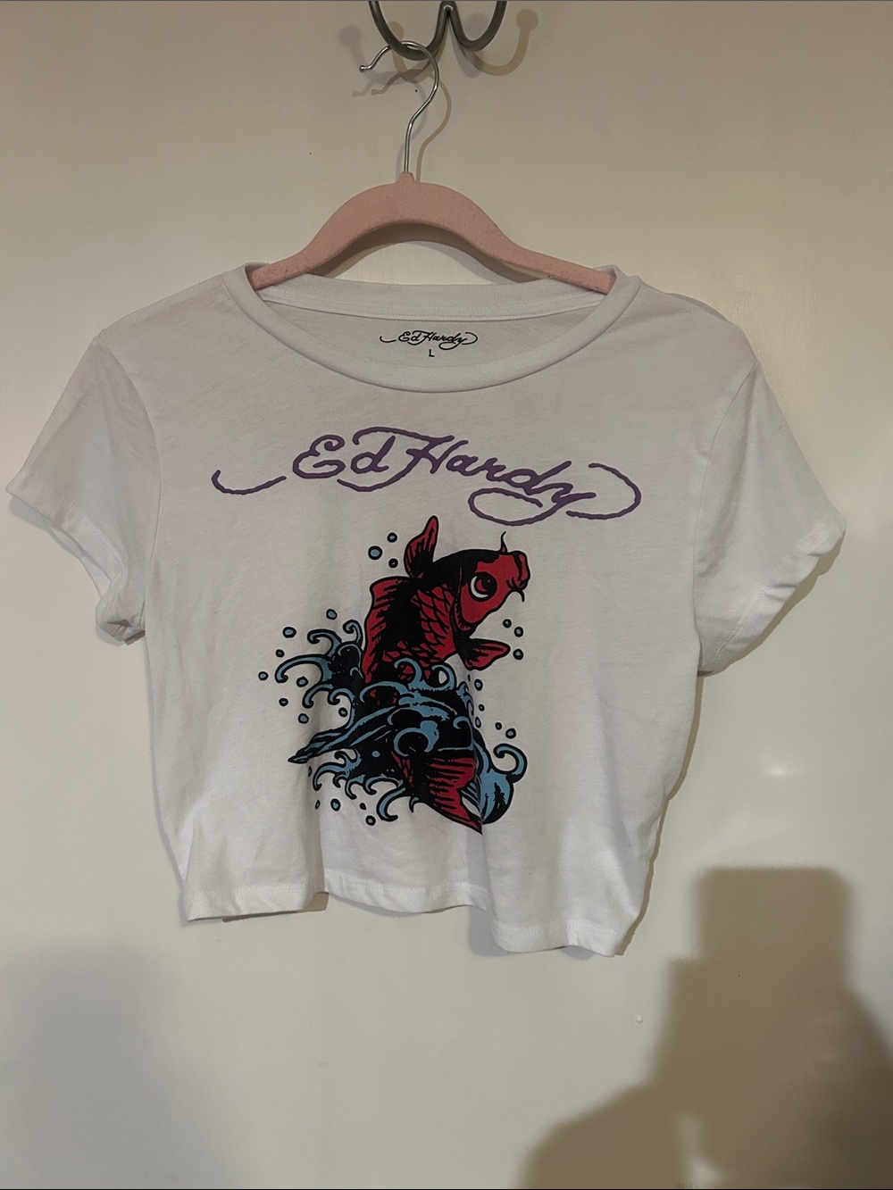Ed Hardy White Tee with Red Koi and Blue Wave Graphic